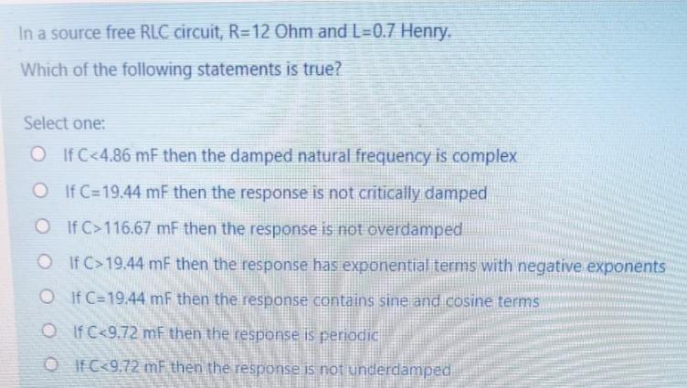 Solved In A Source Free Rlc Circuit R Ohm And L Chegg Com