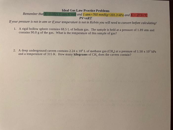 Ideal Gas Law Practice Problems 