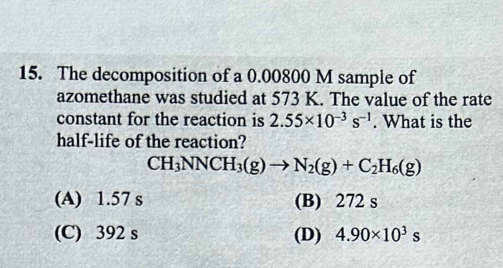 Solved The decomposition of a 0.00800M ﻿sample of azomethane | Chegg.com