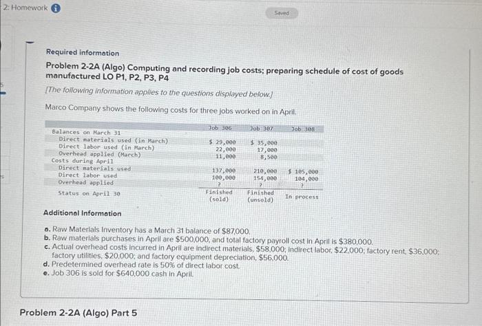 Required information
Problem 2-2A (Algo) Computing and recording job costs; preparing schedule of cost of goods manufactured