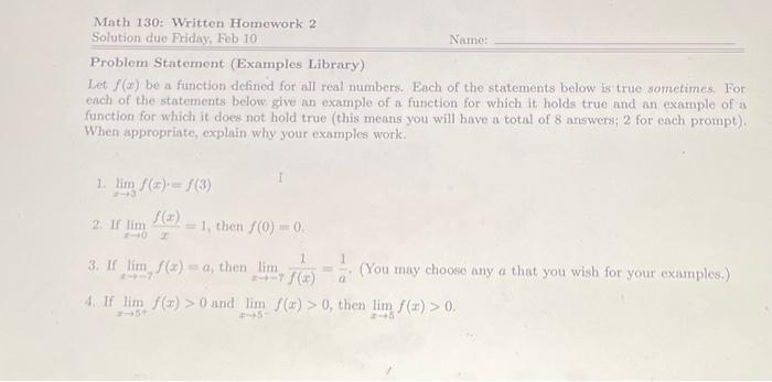 Solved Math 130: Written Homework 2 Solution due Friday, Feb | Chegg.com