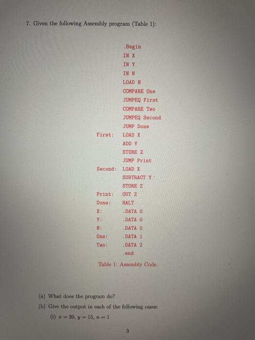 Solved 7. Given the following Assembly program (Table 1): | Chegg.com
