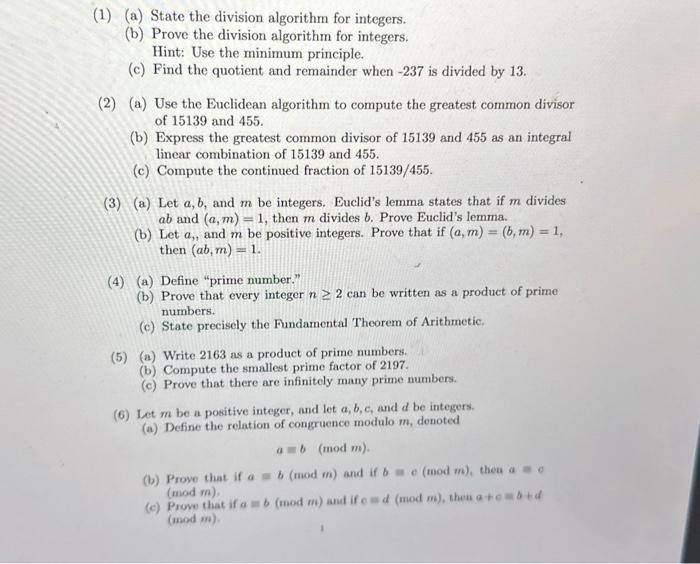 Solved (1) (a) State the division algorithm for integers. | Chegg.com