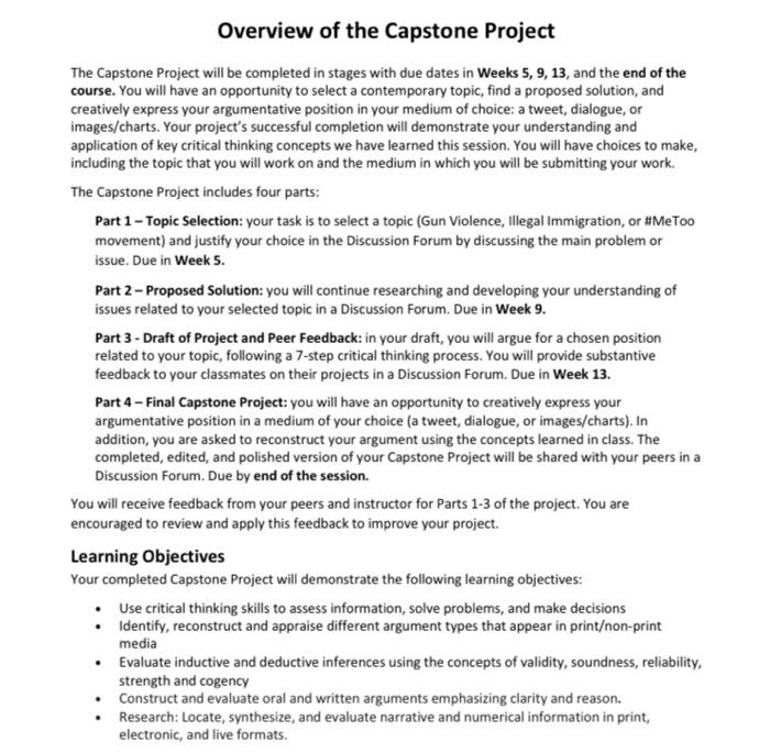 Overview of the Capstone Project The Capstone Project | Chegg.com
