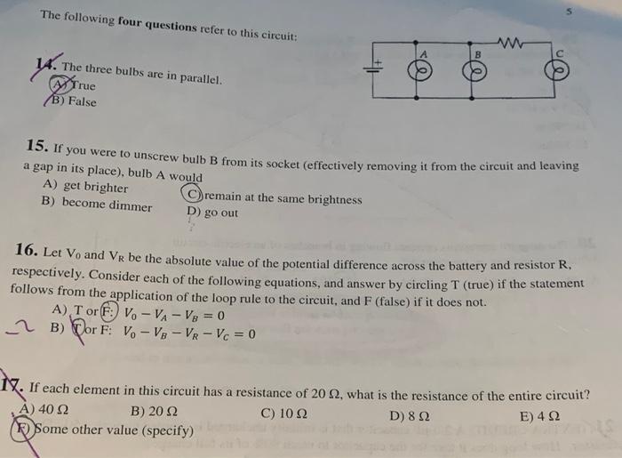 Solved 5 The following four questions refer to this circuit: | Chegg.com