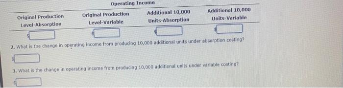 2. What is the change in operating income from producing 10,000 additional units under a?surbuunemunvi
3. What is the change