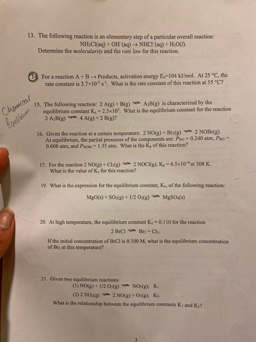 Solved 13. The following reaction is an elementary step of a | Chegg.com