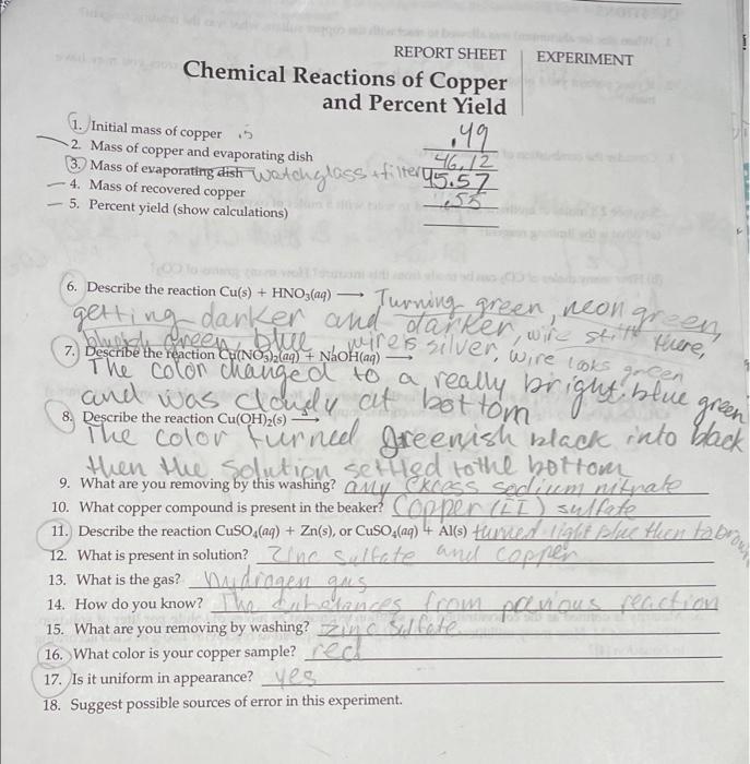 Solved EXPERIMENT REPORT SHEET Chemical Reactions Of Copper | Chegg.com