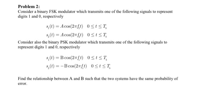 Solved Problem 2: Consider A Binary FSK Modulator Which | Chegg.com