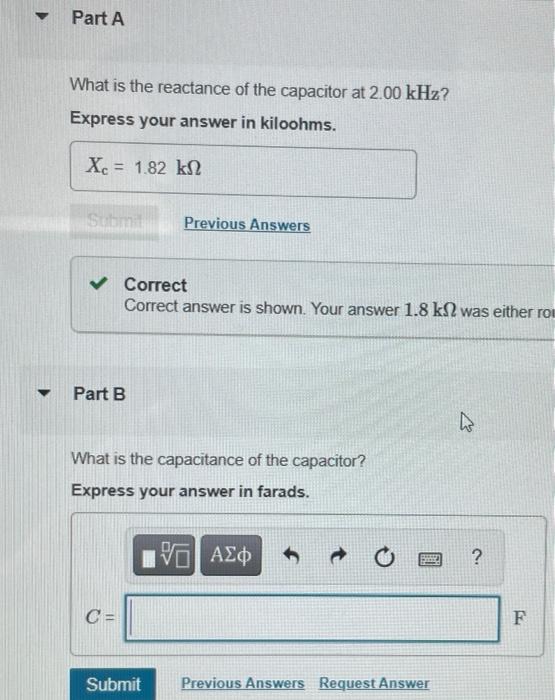 Solved Part A What is the reactance of the capacitor at 2.00 | Chegg.com