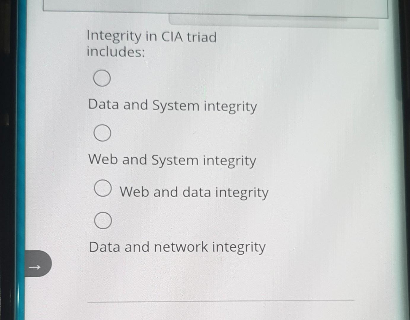 Solved Integrity in CIA triad includes: Data and System | Chegg.com