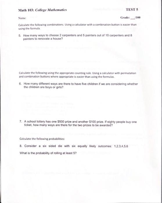 Solved Math 103: College Mathematics TEST 5 Name Grade:_1100 | Chegg.com