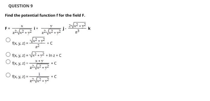 Find the potential function \( f \) for the field \( F \). \[ \begin{aligned} \mathbf{F}=& \frac{x}{z^{2} \sqrt{x^{2}+y^{2}}}