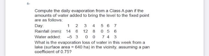 Solved Compute the daily evaporation from a Class A pan if | Chegg.com