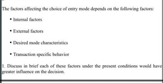 Solved The factors affecting the choice of entry mode | Chegg.com