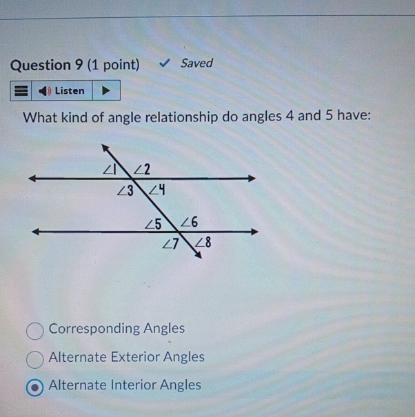 Solved Question 9 (1 ﻿point) ﻿SavedWhat kind of angle | Chegg.com