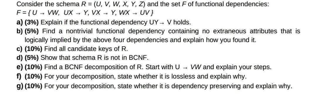 Solved Consider The Schema R U V W X Y Z And The Chegg Com