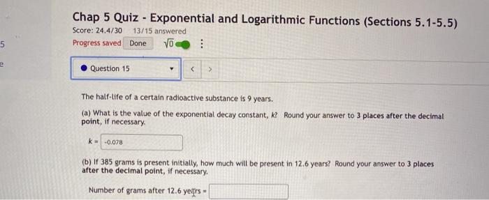 Solved Chap 5 Quiz - Exponential and Logarithmic Functions | Chegg.com