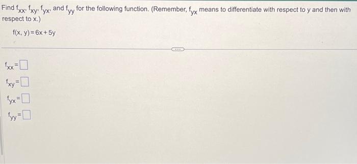 Solved Find Fxxfxyfyx And Fyy For The Following Function 1282