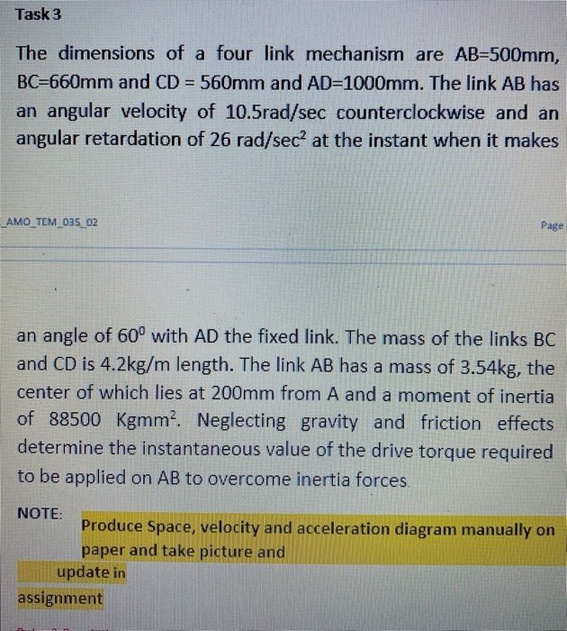 Task 3 The dimensions of a four link mechanism are