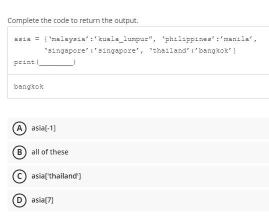 Solved Complete the code to return the output. asia = | Chegg.com