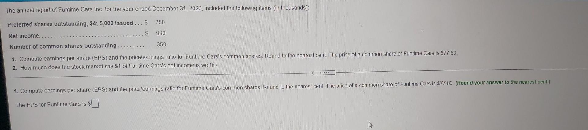 Solved The annual report of Funtime Cars Inc. for the year | Chegg.com