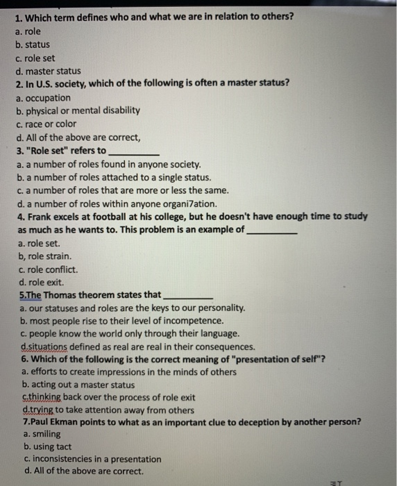 Solved 1. Which term defines who and what we are in relation
