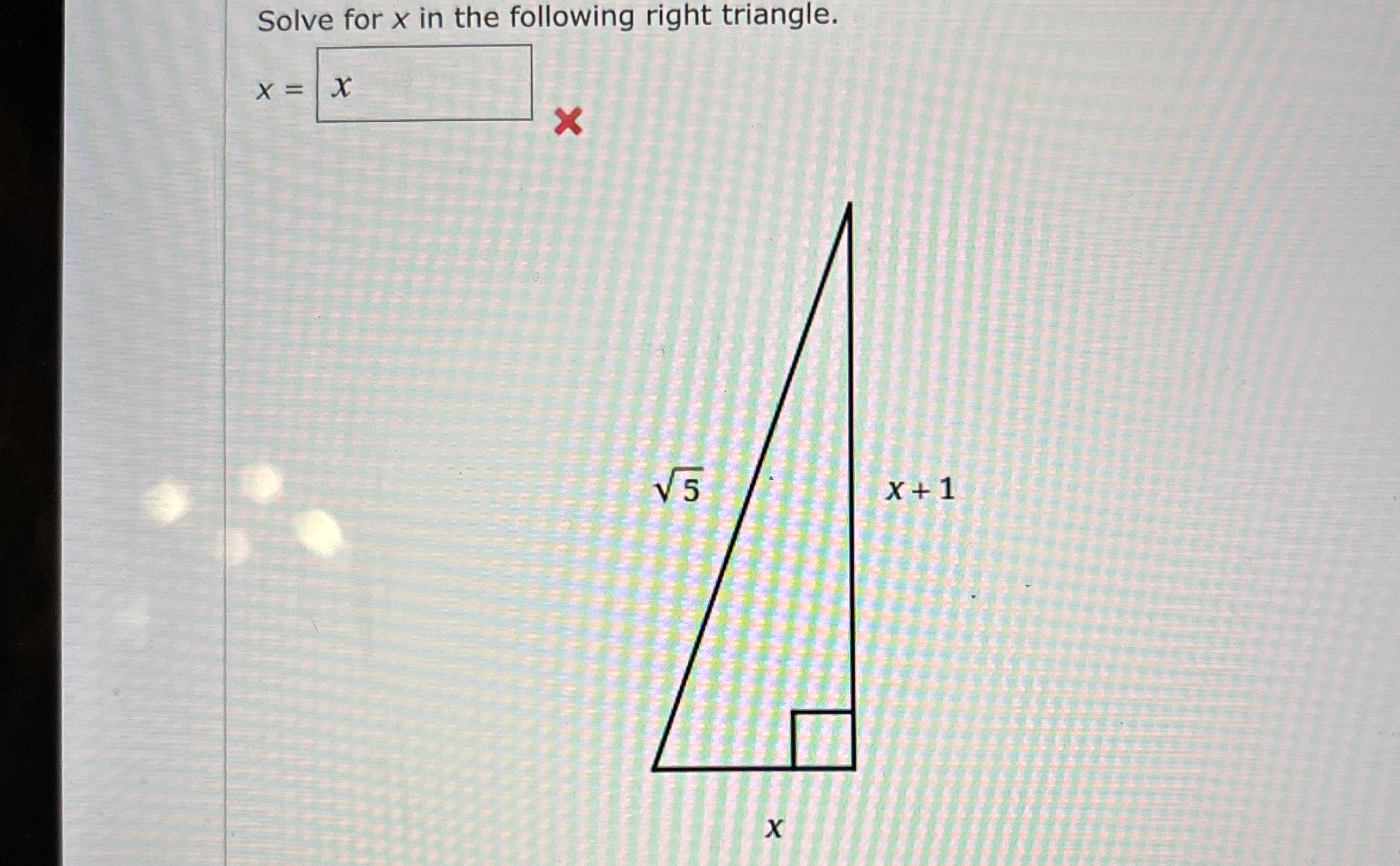 Solved Solve for x ﻿in the following right triangle.x= | Chegg.com