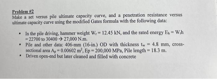 Problem \#2
Make a set versus pile ultimate capacity curve, and a penetration resistance versus ultimate capacity curve using