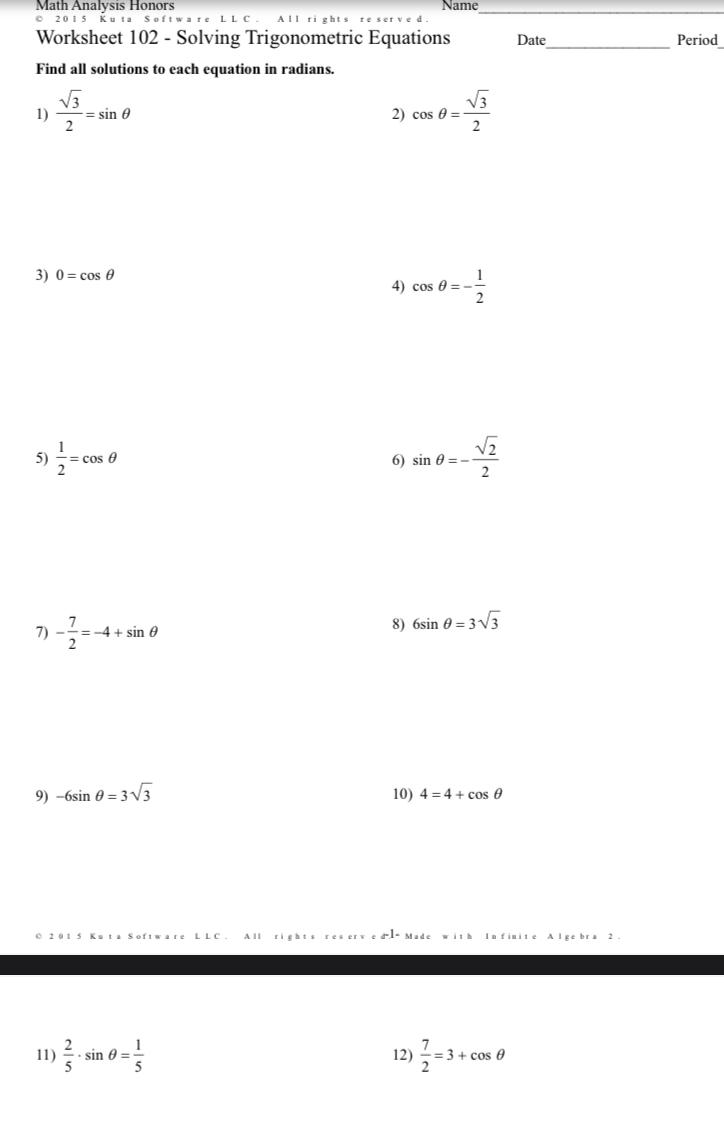 Solved Math Analysis Honors\\nName\\nWorksheet 102 Solving