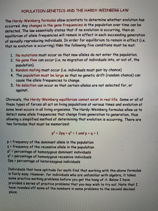 Solved POPULATION GENETICS AND THE HARDY-WEINBERG LAW The | Chegg.com