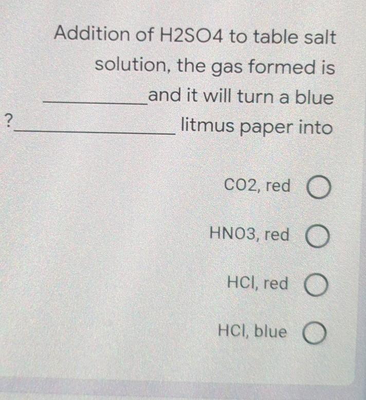 Solved Addition of H2SO4 to table salt solution, the gas