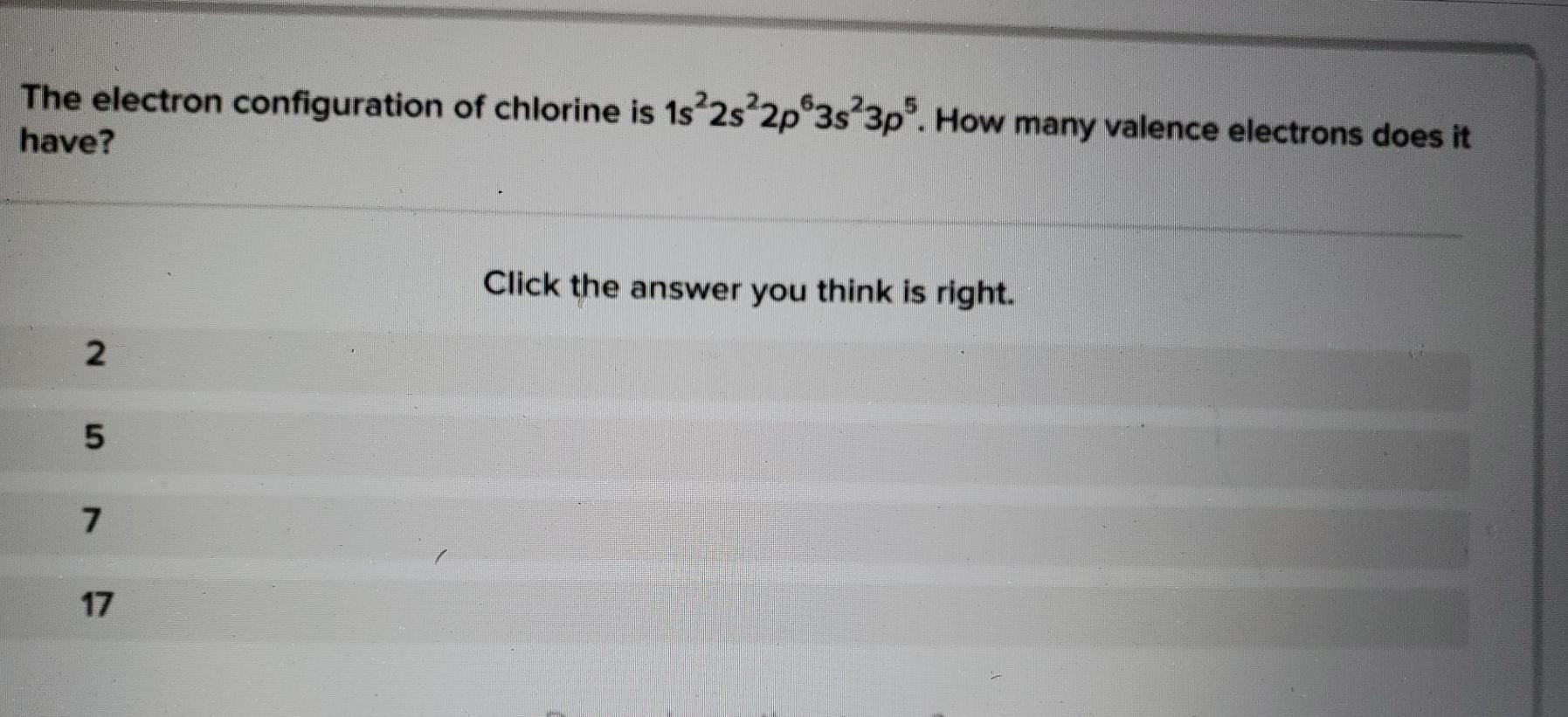 Solved The electron configuration of chlorine is 1s 2s 2p 3s | Chegg.com