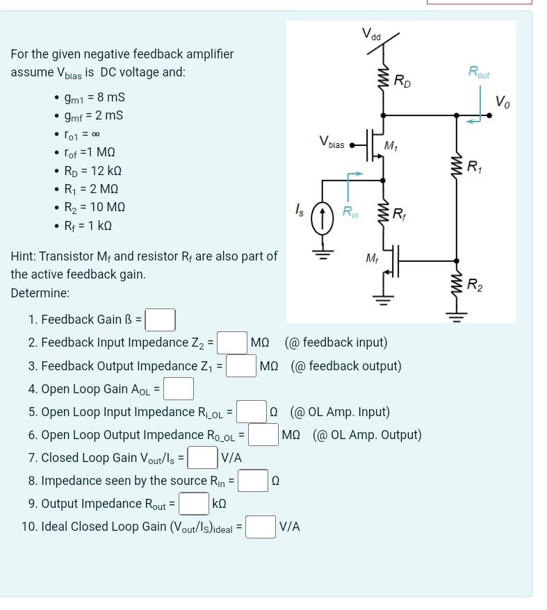 Solved For The Given Negative Feedback Amplifier Assume | Chegg.com