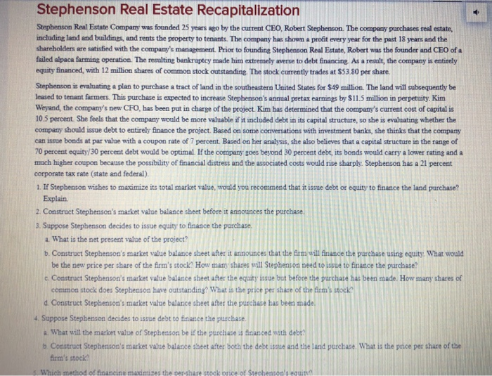 Solved Stephenson Real Estate Recapitalization Stephenson