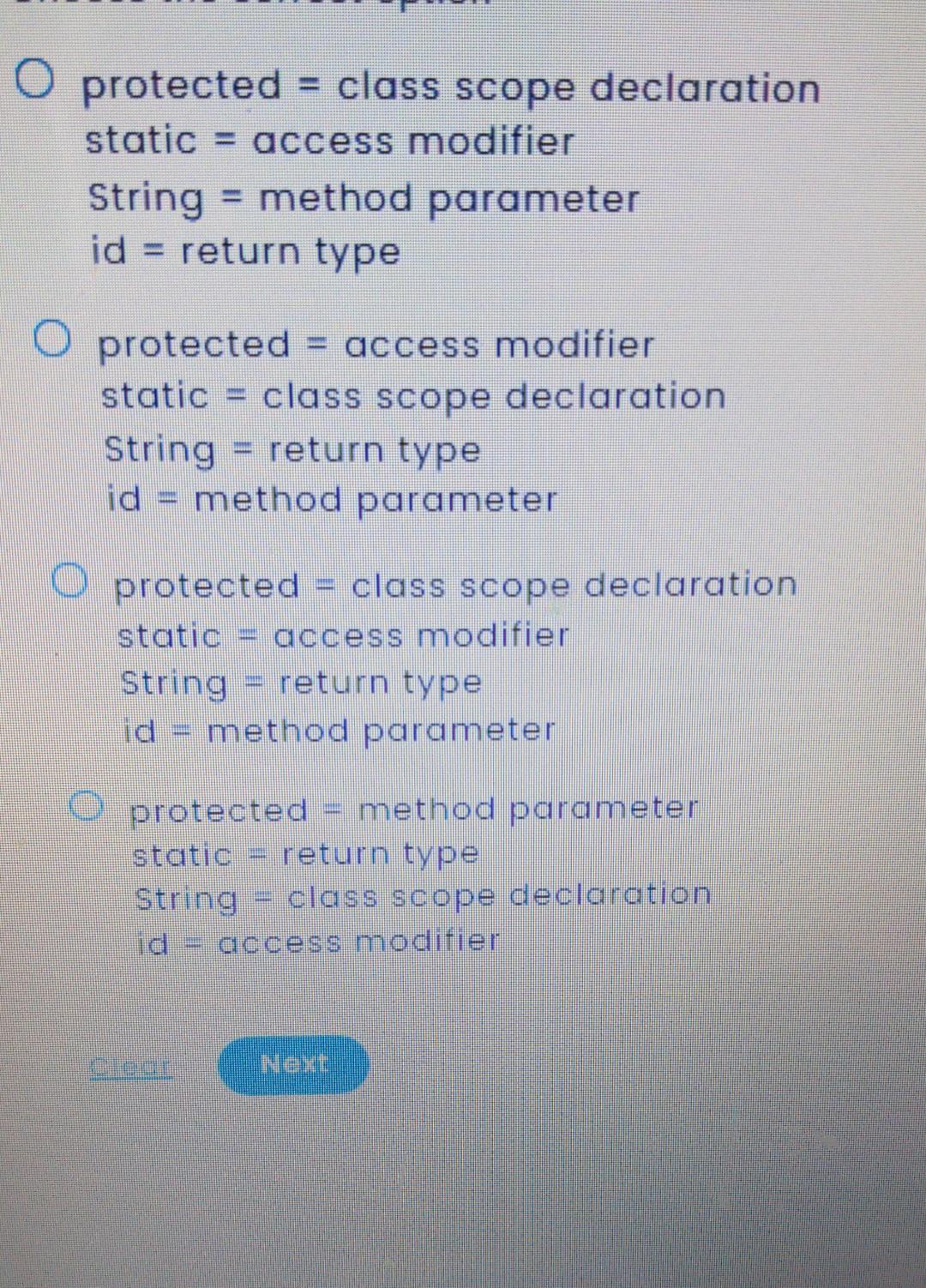 Solved Match all the parts of this method signature in Java: | Chegg.com