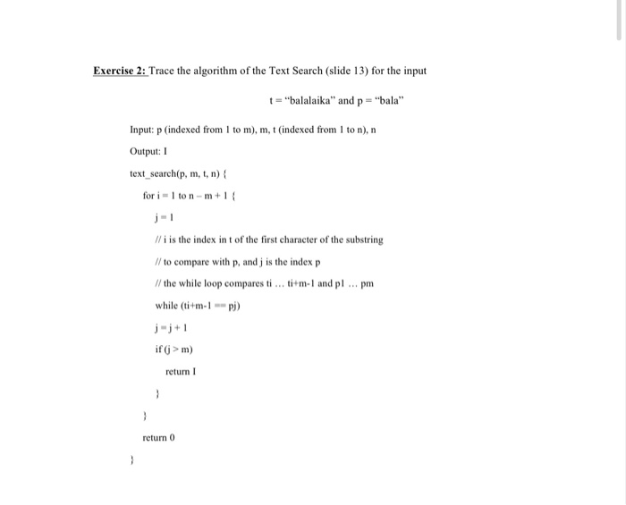 Solved Exercise 2: Trace the algorithm of the Text Search | Chegg.com