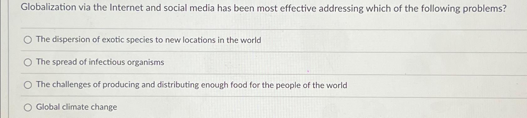 Solved Globalization via the Internet and social media has | Chegg.com