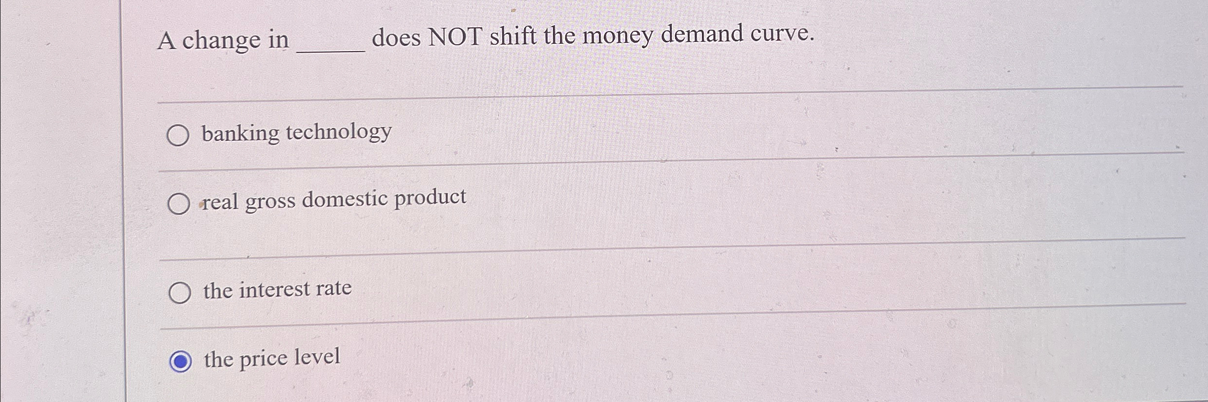 Solved A change in ﻿does NOT shift the money demand curve. | Chegg.com