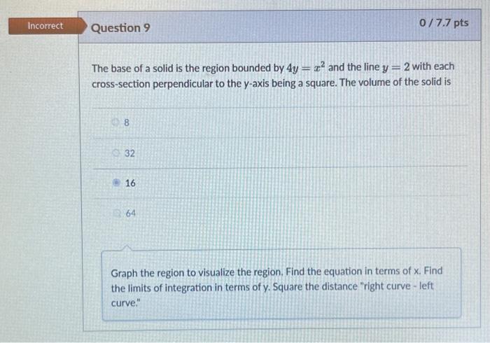 Solved Incorrect Question 9 0/7.7 pts The base of a solid is | Chegg.com