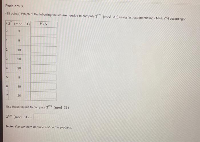 Solved Problem 3. (15 Points) Which Of The Following Values | Chegg.com