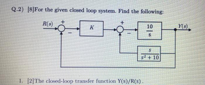Solved Q.2) [8]For the given closed loop system. Find the | Chegg.com