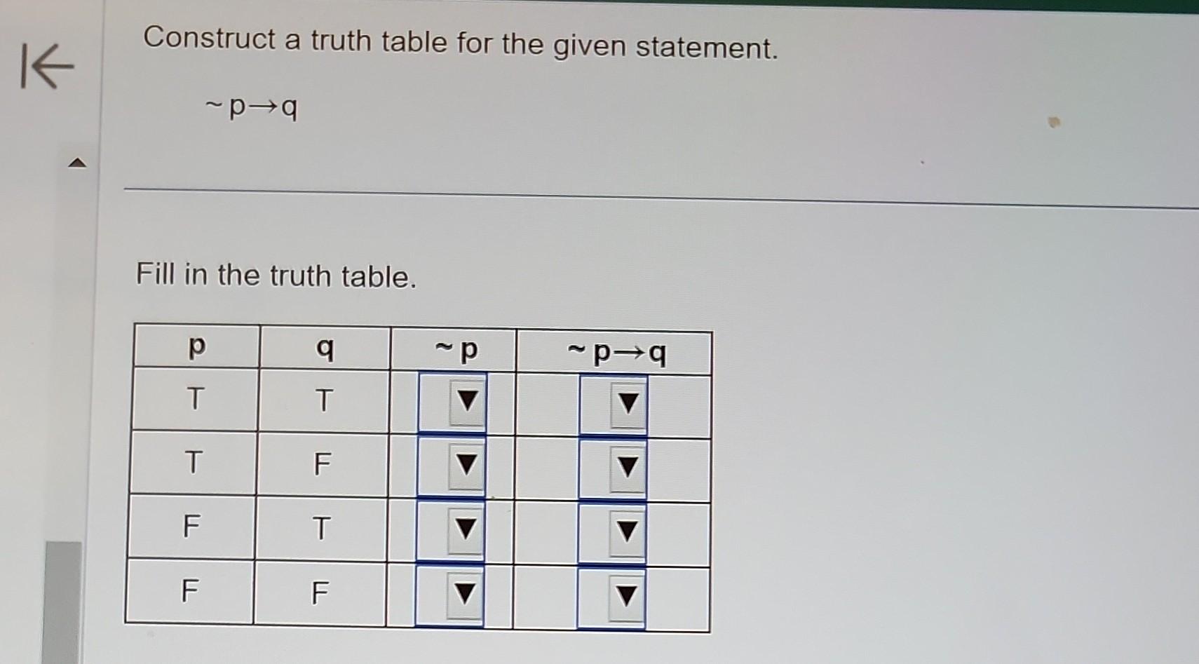 Solved Construct a truth table for the given statement. ∼p→q | Chegg.com