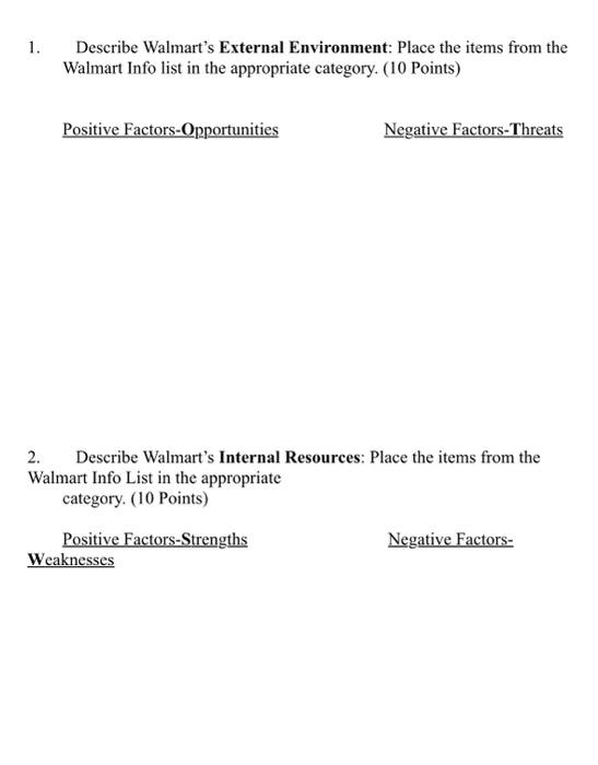 Solved 1. Describe Walmart's External Environment Place the