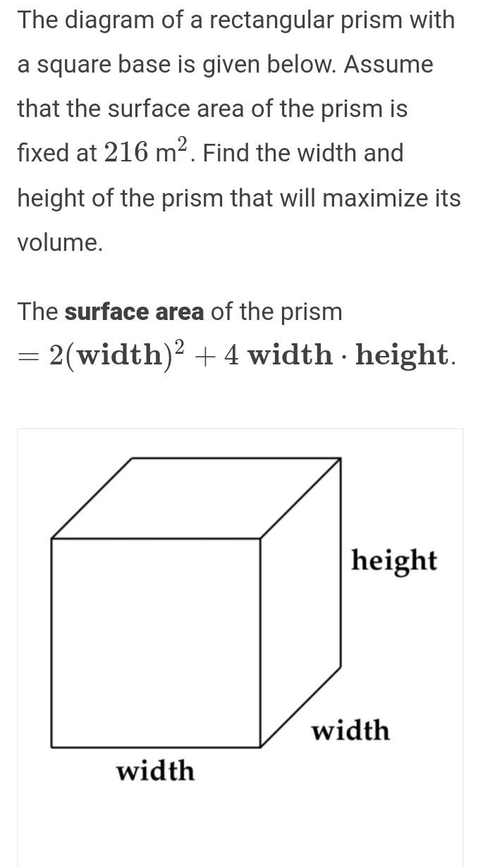 The diagram of a rectangular prism with a square base is given below. Assume that the surface area of the prism is fixed at \