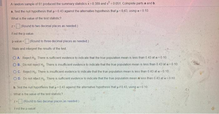 Solved A random sample of 61 produced the summary statistics | Chegg.com