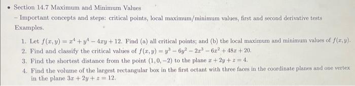 Solved - Section 14.7 Maximum and Minimum Values - Important | Chegg.com
