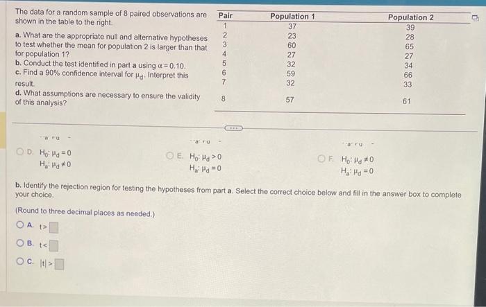 Solved The data for a random sample of 8 paired observations | Chegg.com