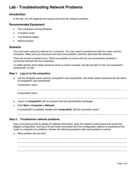 Solved Lab - Troubleshooting Network Problems Introduction | Chegg.com