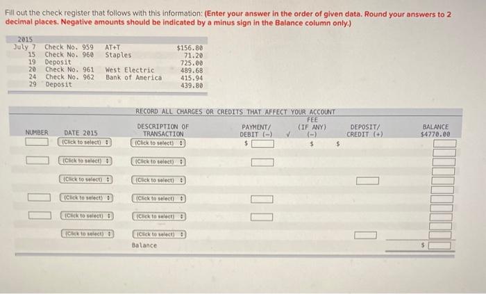Solved Fill out the check register that follows with this | Chegg.com